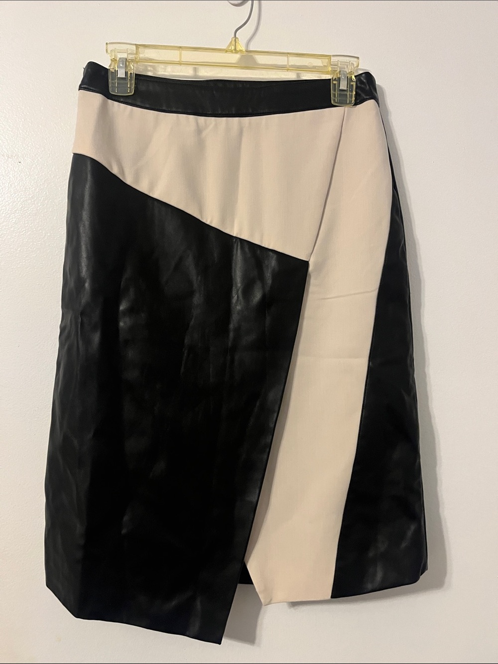 MOTF Black and Cream Asymmetrical Faux Leather Wrap Skirt